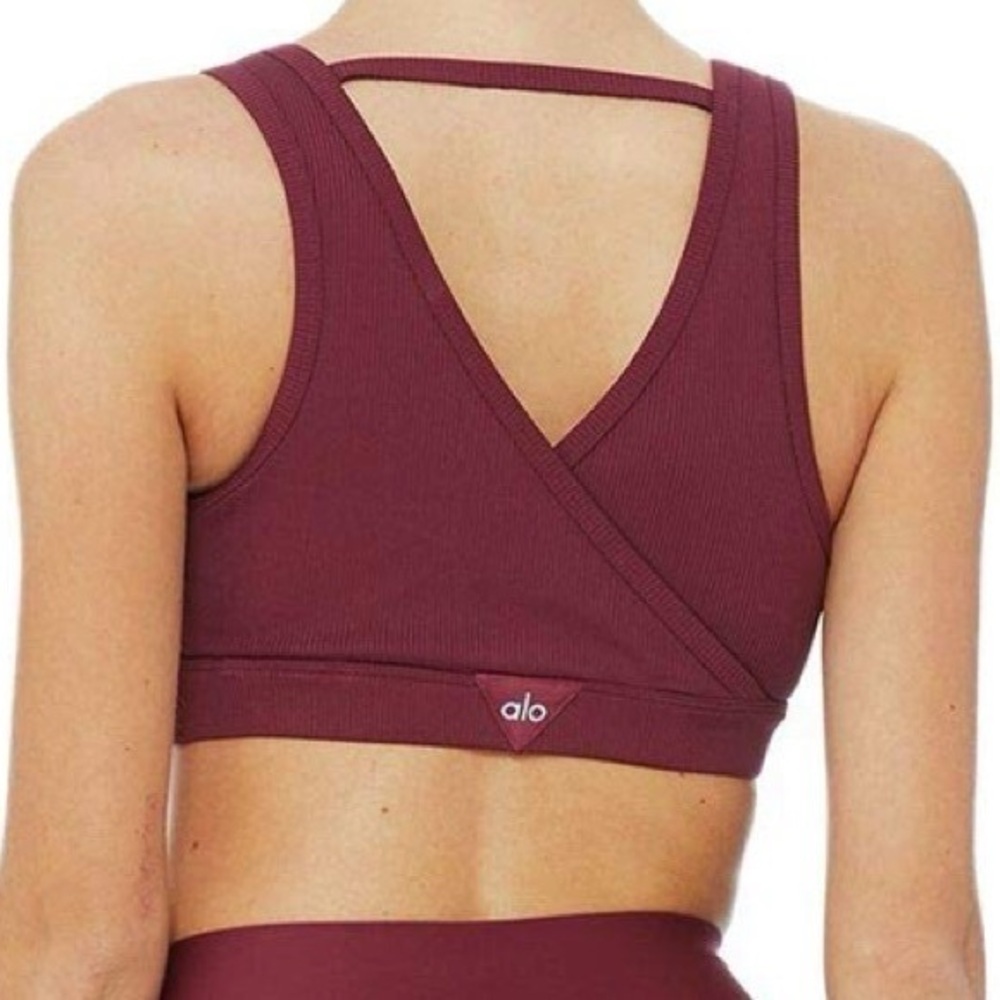 ALO Yoga Togetherness bra black cherry red burgundy dark ribbed v neck plunge